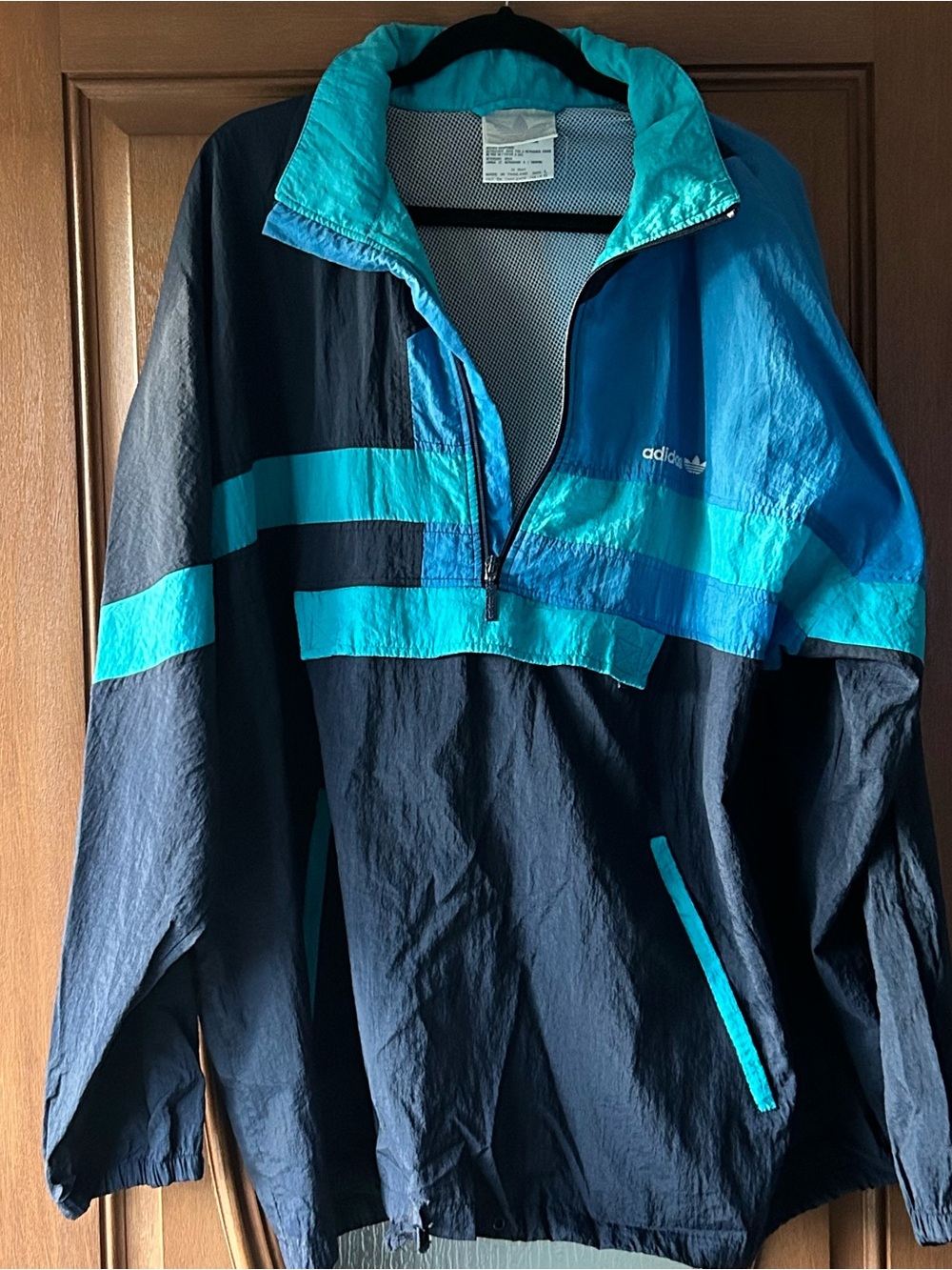 Vintage 90s large adidas Men’s Navy and Teal Half-Zip Jacket wind breaker large